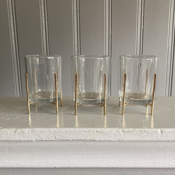 Other - BNIP Set of 3 Modern Gold Iron Metal Stands w/ Clear Glass Candleholders